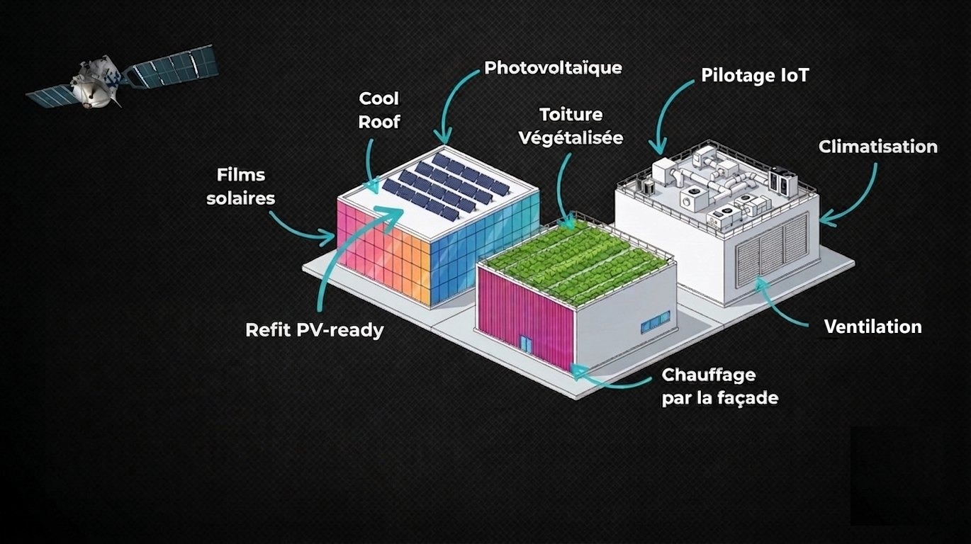 Les leviers d'amélioration énergétique visualisés sur un bâtiment tertiaire : films solaires, cool roof, photovoltaïque, toiture végétalisée, ventilation, climatisation, chauffage par la façade
